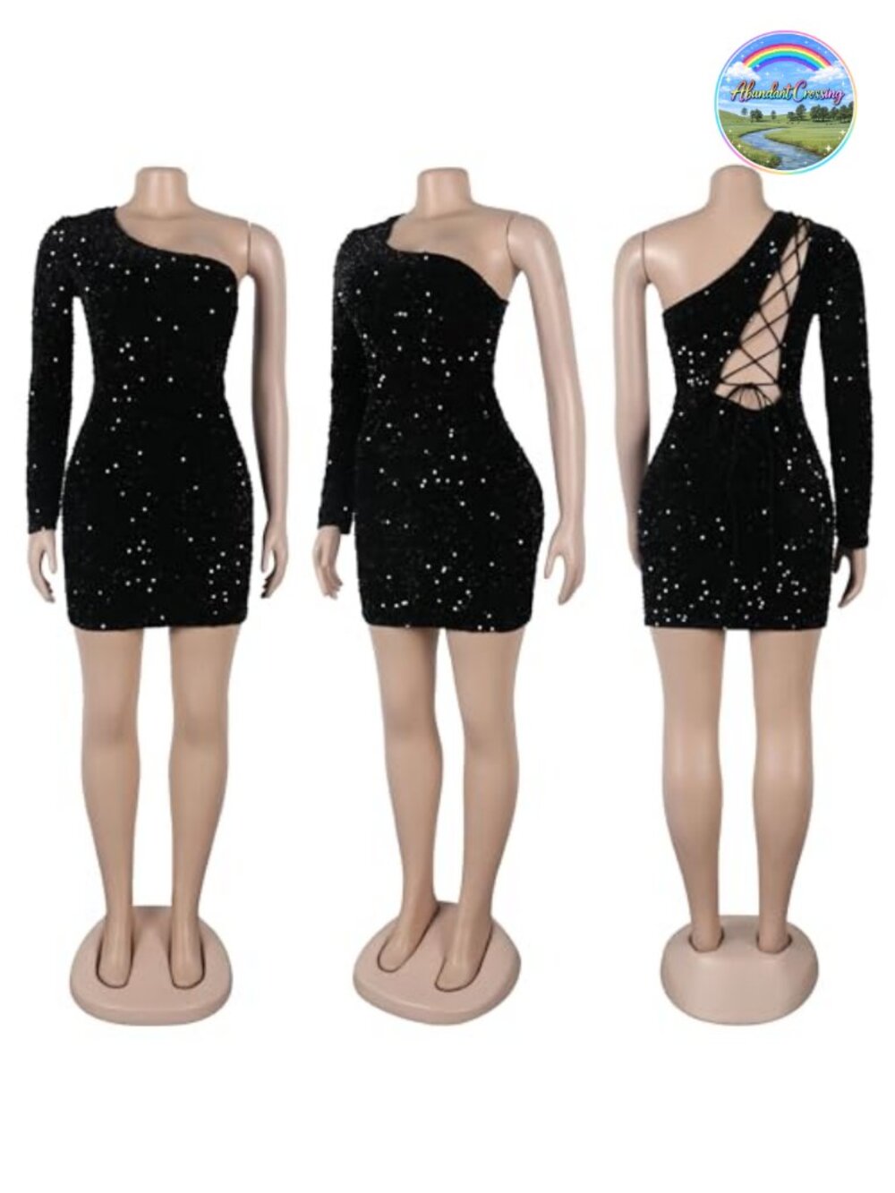 Sequined Bodycon Mini Dress Long Sleeve One Shoulder Party Club